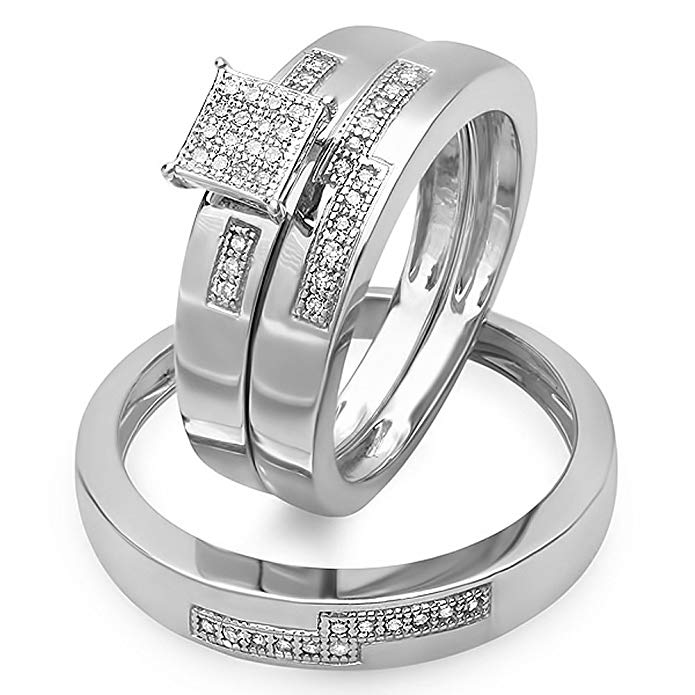 0.15 Carat (ctw) Sterling Silver Round White Diamond Men And Women's Micro Pave Engagement Ring Trio Set