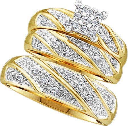 Wedding Ring Sets 0.30CTW DIAMOND CLUSTER TRIO SET 10KT Yellow Gold