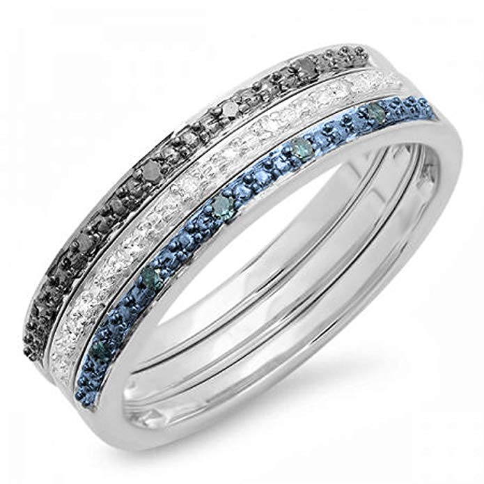 0.10 Carat (ctw) Sterling Silver Round Blue & White Real Diamond Wedding Ring Set 1/10 CT
