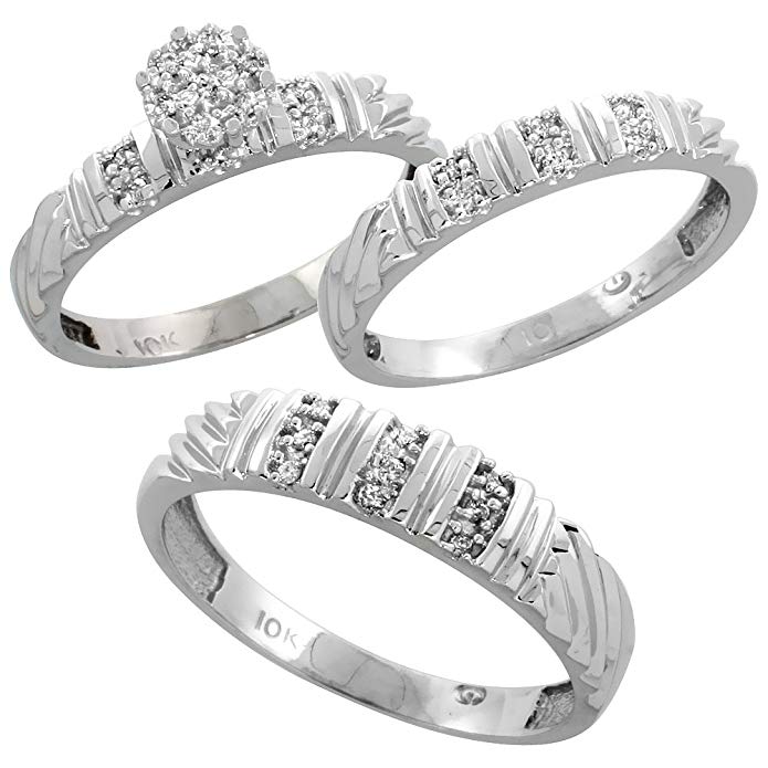 10k White Gold Diamond Trio Wedding Ring Set 3-piece His & Hers 5 & 3.5 mm 0.14 cttw, sizes 5 – 14