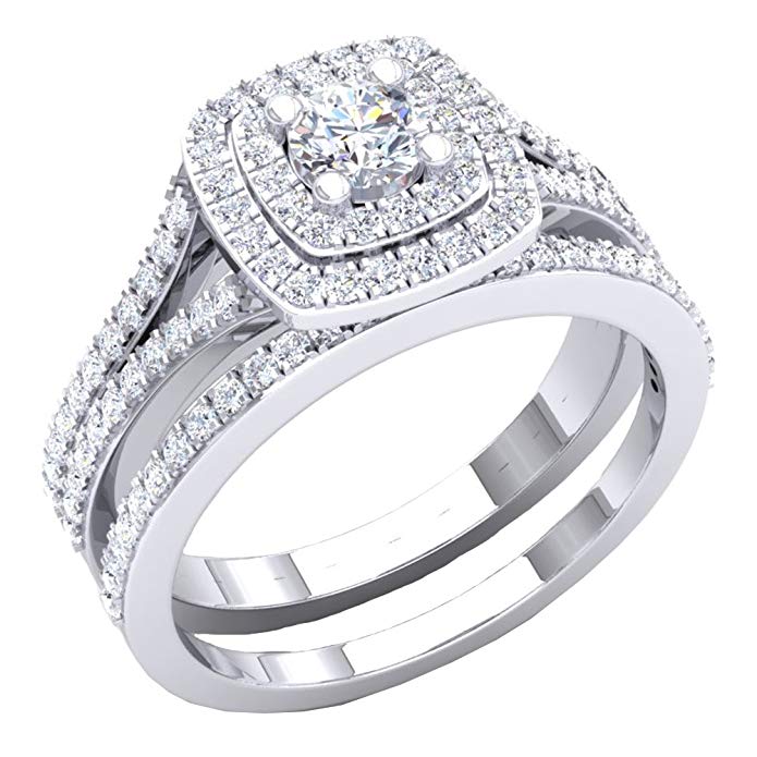 Dazzlingrock Collection 1.50 Carat (ctw) 10K Gold Round Cubic Zirconia Ladies Halo Style Engagement Ring Set 1 1/2 CT