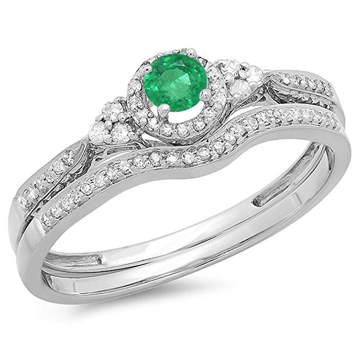 10K White Gold Round Emerald & White Diamond Ladies Halo Style Bridal Engagement Ring Matching Band Set
