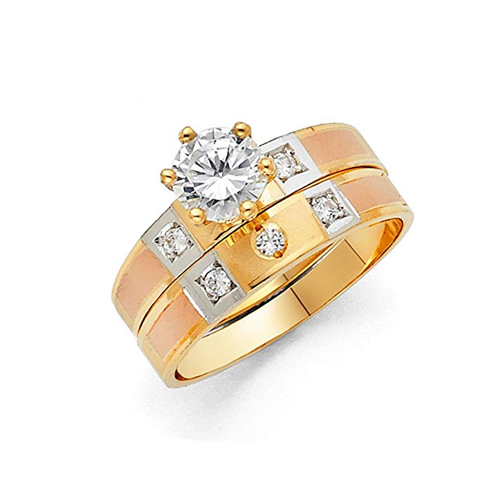 TWJC 14k Tri Color Gold SOLID Engagement Ring and Wedding Band 2 Piece Set