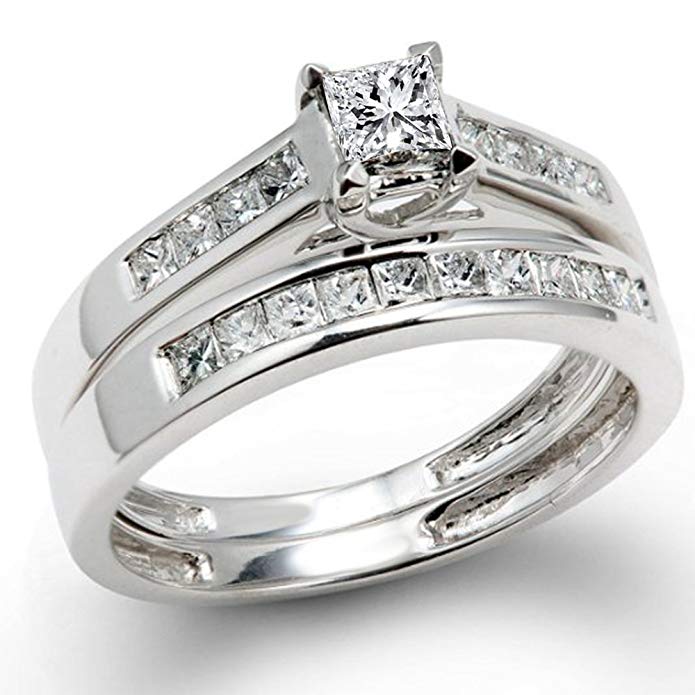 0.50 Carat (ctw) 14k White Gold Princess Diamond Ladies Bridal Ring Engagement Set 1/2 CT