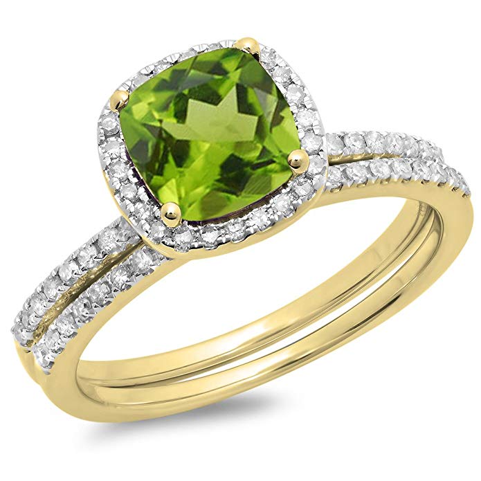 Dazzlingrock Collection 10K Gold Cushion Cut Peridot & Round Cut White Diamond Ladies Bridal Halo Engagement Ring Set