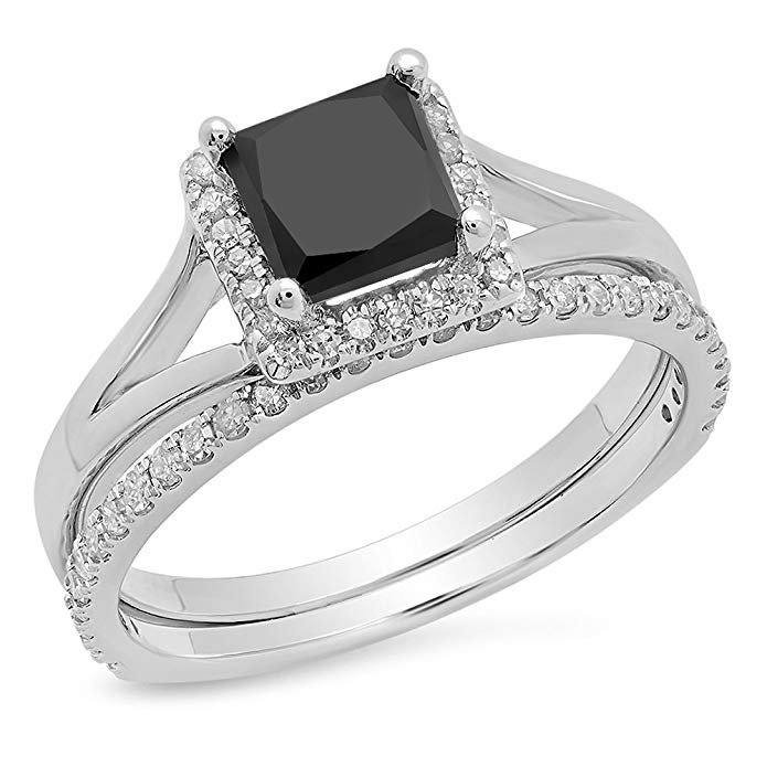Dazzlingrock Collection 1.80 Carat (ctw) 10K Gold Princess Black & Round White Diamond Bridal Halo Engagement Ring