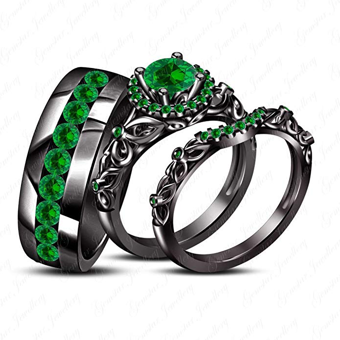 Gemstar Jewellery His Hers 1.45Ct Emerald Pure 925 Silver Trio Set Diseny Princess Wedding Ring