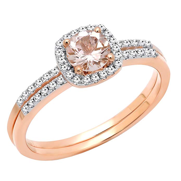 10K Rose Gold 5 MM Round Gemstone & Diamond Bridal Halo Engagement Ring With Matching Band Set