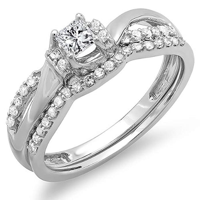 0.40 Carat (ctw) 10k White Gold Princess & Round Diamond Ladies Bridal Swirl Wave Ring Matching Band Set