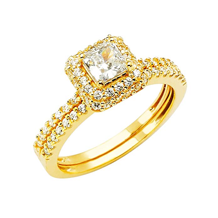 14k Yellow OR White Gold SOLID Wedding Engagement Ring and Wedding Band 2 Piece Set