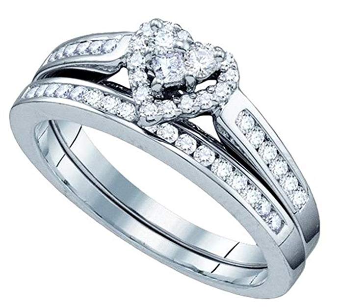 .55ct 10K White Gold Round & Princess Diamond Heart Shaped Bridal Engagement Ring Set