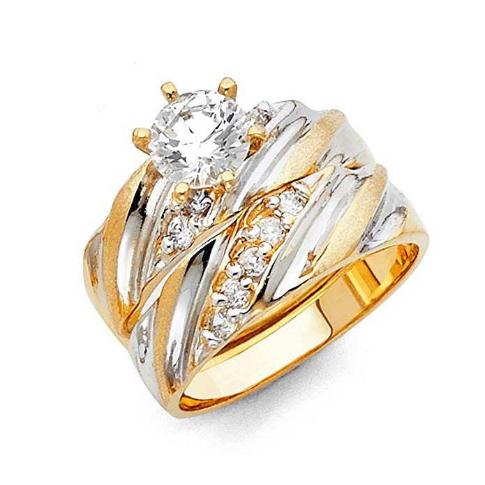 Wellingsale Ladies Solid 14k Two 2 Tone White and Yellow Gold Polished CZ Cubic Zirconia Round Cut Engagement Ring with Side Stones and Wedding Band, 2 Piece Matching Bridal Set