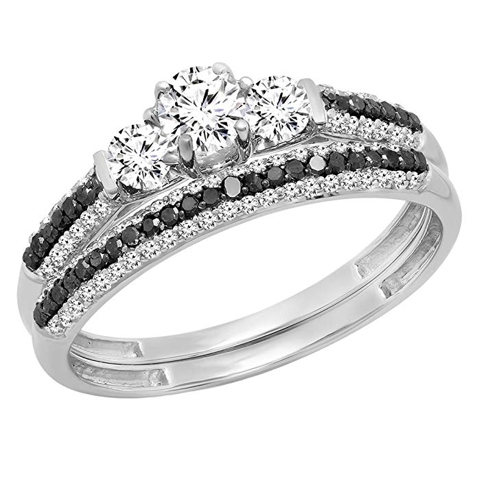 10K Gold 5 MM Round Center Stone White Sapphire, Black & White Diamond 3 Stone Engagement Ring Set