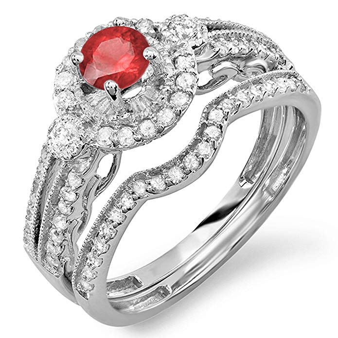 10K White Gold Round Ruby & White Diamond Ladies Halo Bridal Engagement Ring Set Matching Band