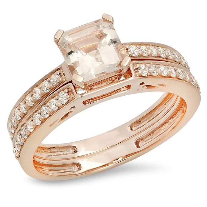 14K Rose Gold Asscher Morganite & Round White Diamond Ladies Bridal Engagement Ring Set