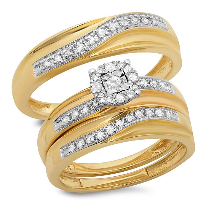 Dazzlingrock Collection 0.33 Carat (ctw) 10K Yellow Gold Round White Diamond Men & Women's Engagement Ring Trio Set 1/3 CT