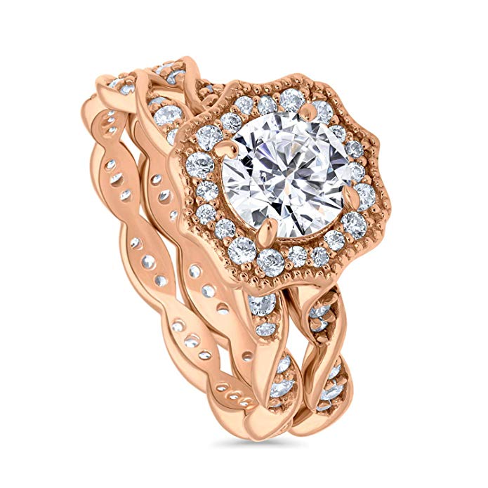 BERRICLE Rose Gold Plated Sterling Silver Cubic Zirconia CZ Art Deco Halo Woven Engagement Ring Set