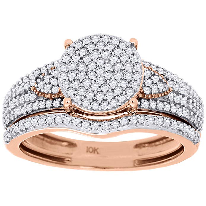 10K Rose Gold Round Cut Diamond Pave Engagement Ring Bridal Set 1/2 Cttw
