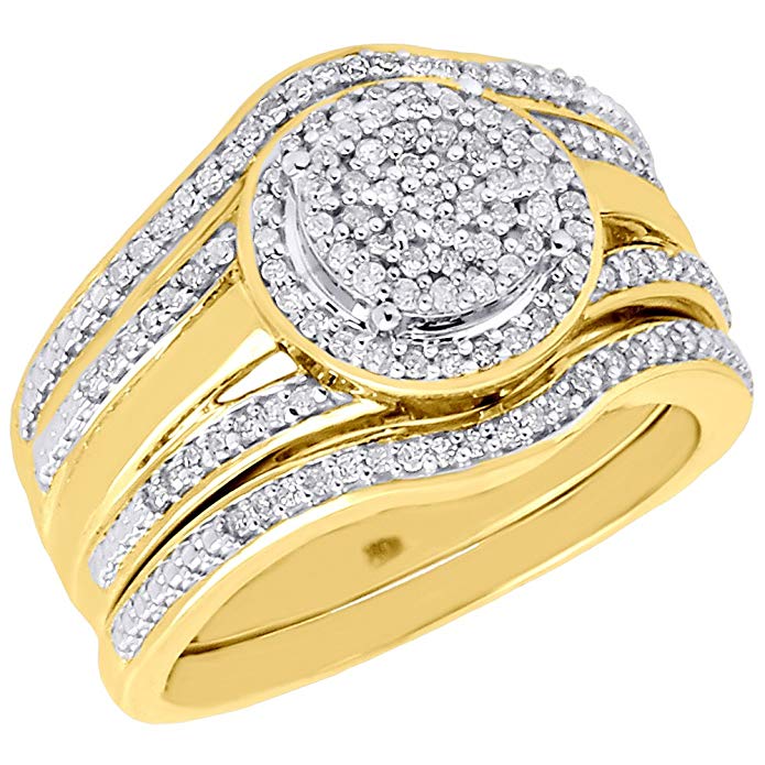 10K Yellow Gold Round Cut Diamond Cluster Halo Engagement Ring Bridal Set 0.33 Cttw