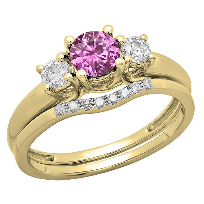 14K Yellow Gold 5 MM Round Gemstone & White Diamond Bridal 3 Stone Engagement Ring Wedding Set