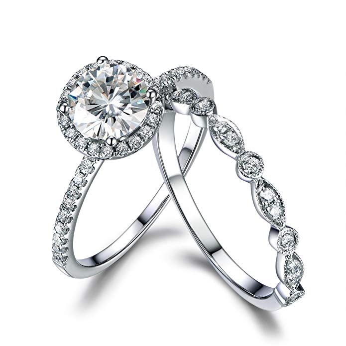 2 Moissanite Bridal Set,Engagement Ring White gold,Diamond wedding band,14k,6.5mm Round Cut,Gemstone Promise Ring,Pave Set,Art Deco eternity