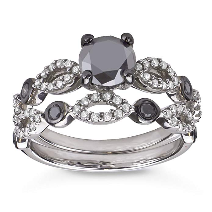 Sterling Silver 1 1/2CTTW TDW Black and White Diamond Bridal Ring Set