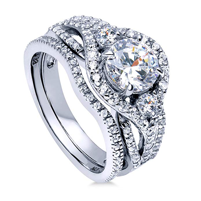BERRICLE Rhodium Plated Silver Cubic Zirconia CZ Halo 3-Stone Engagement Stackable Ring Set 2.22 CTW