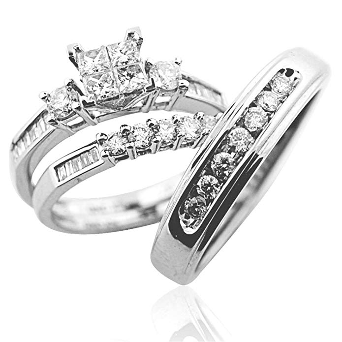 Midwest Jewellery Trio Wedding Ring Set His and Her Rings White Gold Real Diamonds Princess 0.75ct(i2/i3, i/j