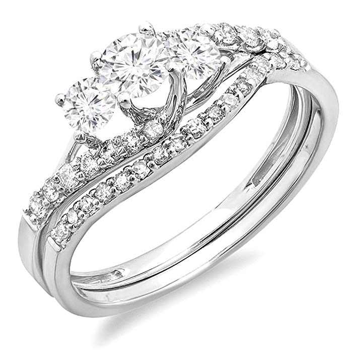 0.75 Carat (ctw) 14K White Gold Round Diamond Ladies 3 Stone Bridal Engagement Ring Band Set 3/4 CT
