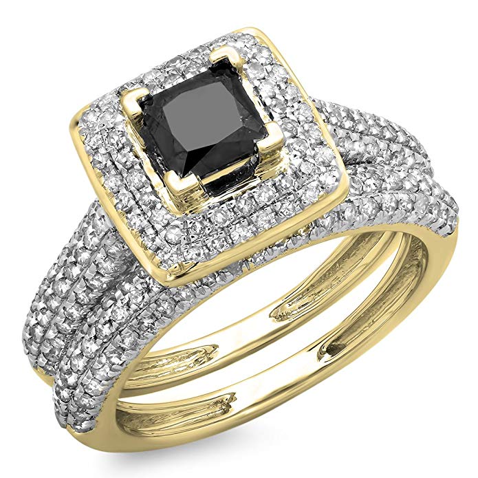 1.40 Carat (Ctw) 14K Gold Princess, Round Cut Black & White Diamond Halo Bridal Engagement Ring Band Set