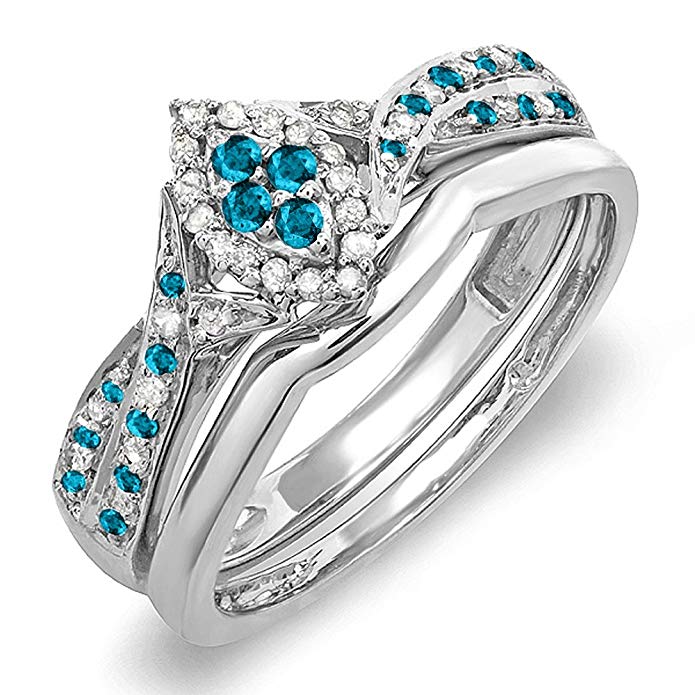 0.33 Carat (ctw) Sterling Silver Round Blue & White Diamond Marquise Shape Engagement Ring Set 1/3 CT