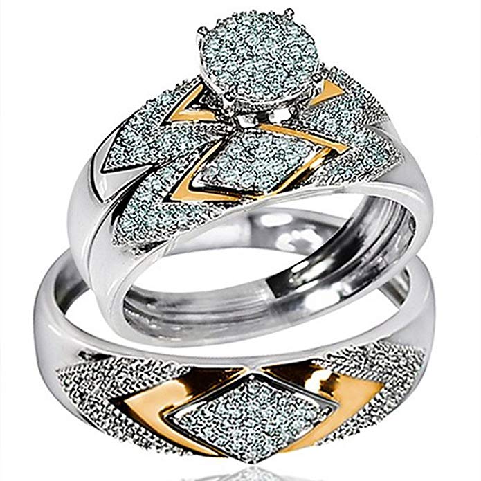 14K White Gold Trio Rings Set His and Her Rings 0.4cttw Diamonds Two Tone