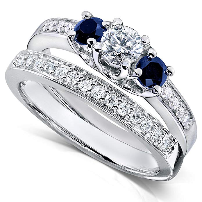Blue Sapphire and Diamond Bridal Ring Set 3/4 Carat (ctw) in14k White Gold