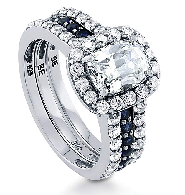 BERRICLE Rhodium Plated Sterling Silver Cubic Zirconia CZ Halo Engagement Insert Ring Set