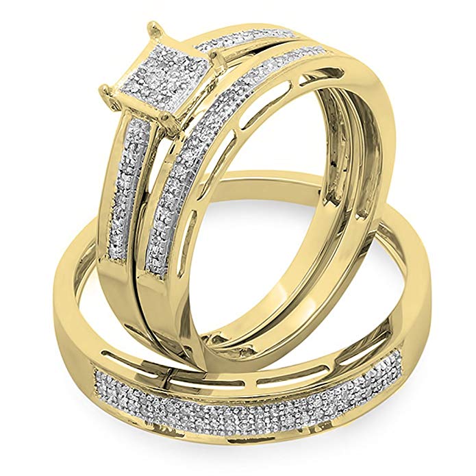 Dazzlingrock Collection 0.18 Carat (ctw) 18K Gold Round Diamond Ladies & Mens His Hers Bridal Engagement Ring Trio Set Band