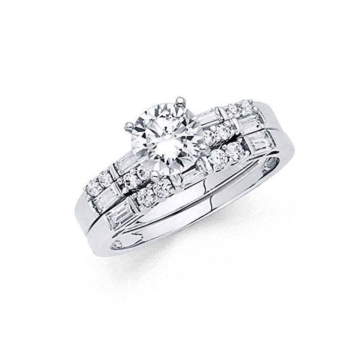 14k White Gold Solid Engagement Ring and Wedding Band 2 Piece Set 1.25 Ct