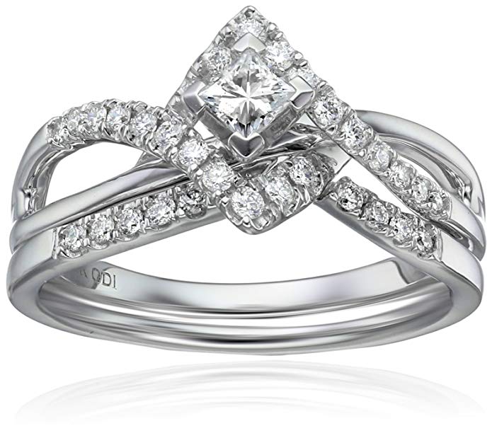 IGI Certified 14k White Gold Diamond Twist Bypass with Princess Cut Center Wedding Ring Set (1/2cttw, H-I Color, I1-I2 Clarity)