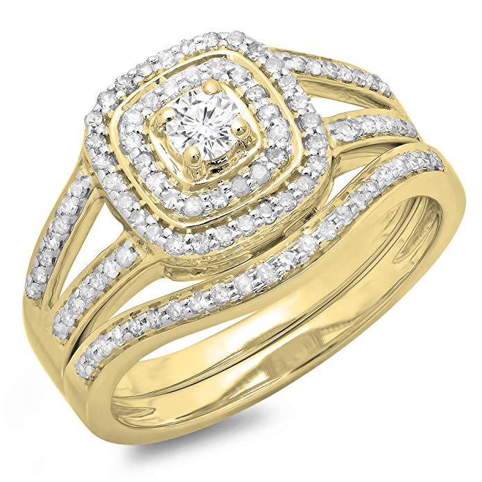 0.60 Carat (ctw) 10K Gold Round Diamond Bridal Split Shank Halo Engagement Ring With Matching Band Set