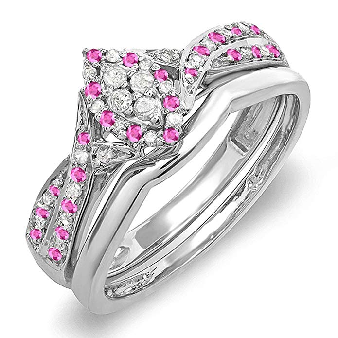 Dazzlingrock Collection Sterling Silver Pink Sapphire & White Diamond Marquise Shape Engagement Ring Set
