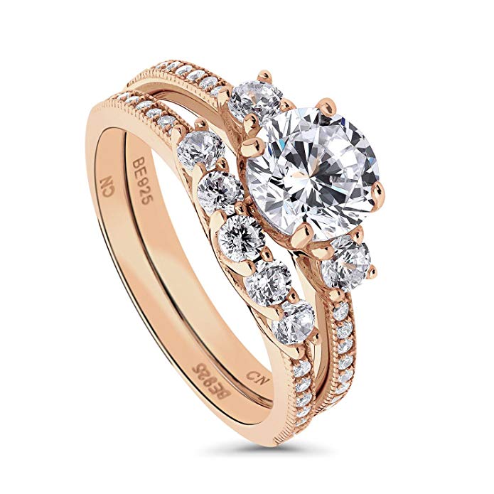 BERRICLE Rose Gold Plated Sterling Silver Cubic Zirconia CZ 3-Stone 5-Stone Engagement Ring Set