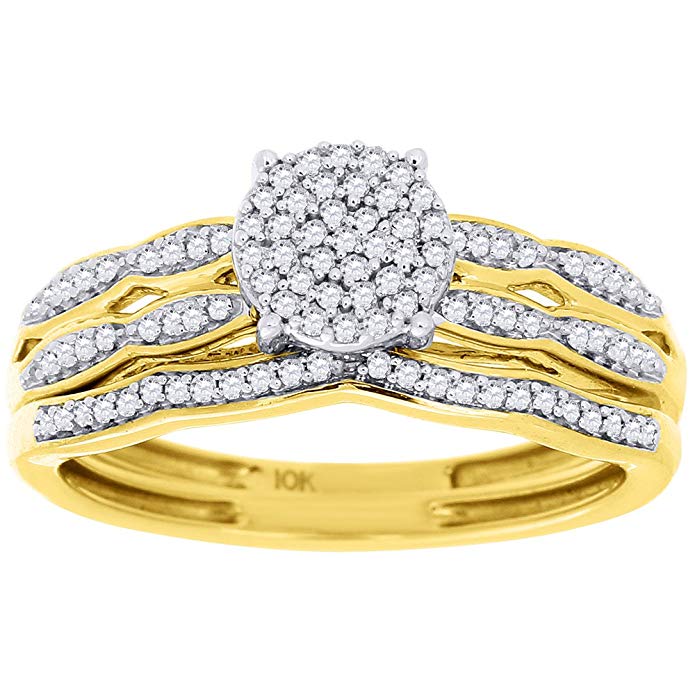 10K Yellow Gold Round Cut Diamond Engagement Ring Wedding Band Set 1/4 Cttw