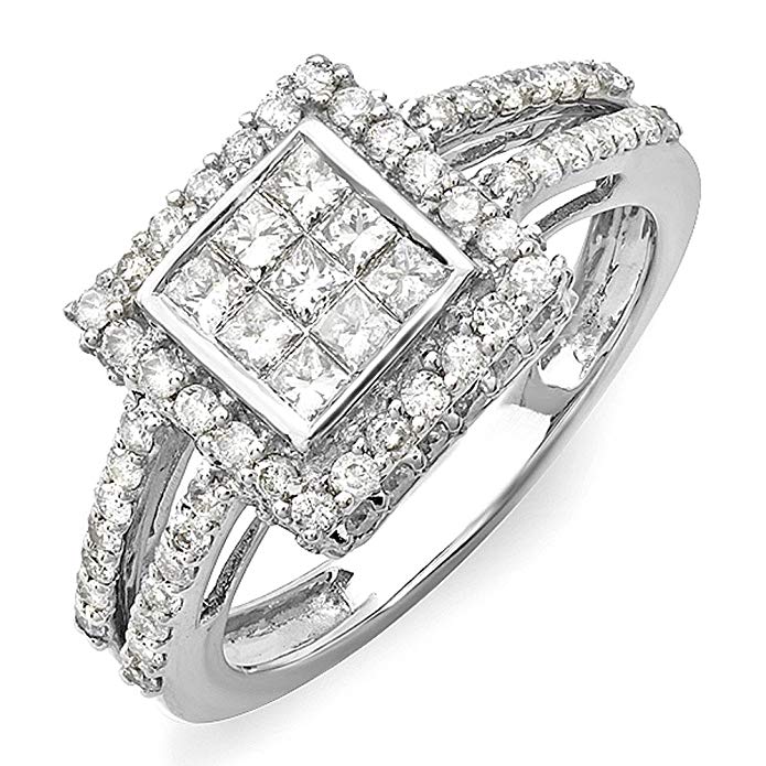 1.15 Carat (ctw) 14K White Gold Princess & Round White Diamond Engagement Invisible Set Bridal Ring