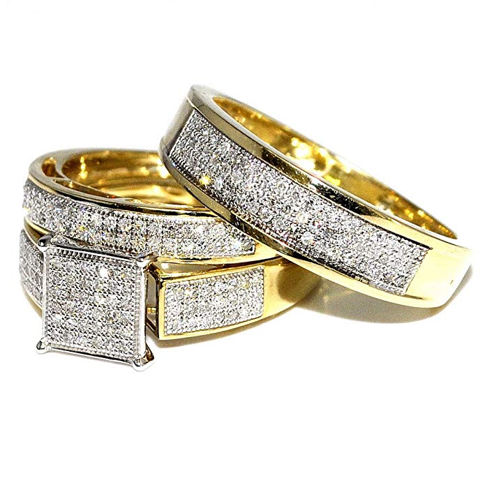 His Her Wedding Rings Set Trio Men Women 10k Yellow Gold 0.6cttw(i2/i3 Clarity, I/j Color)