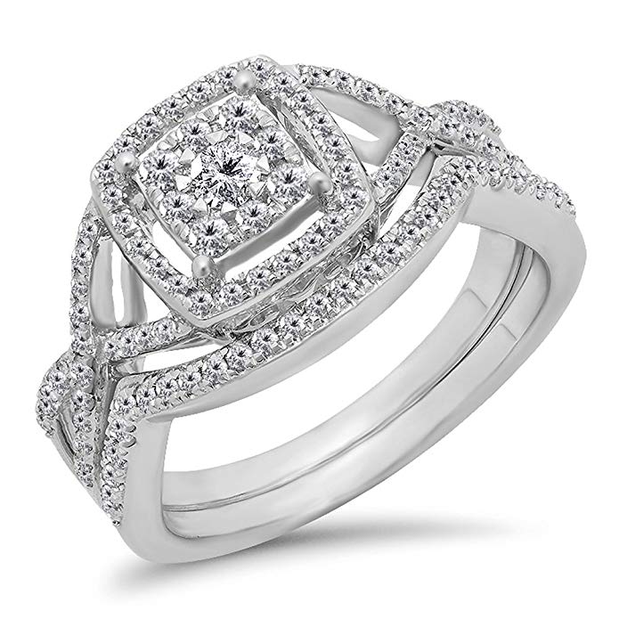 Dazzlingrock Collection 0.55 Carat (ctw) 10K Gold White Diamond Ladies Bridal Swirl Split Shank Halo Engagement Ring Set 1/2 CT