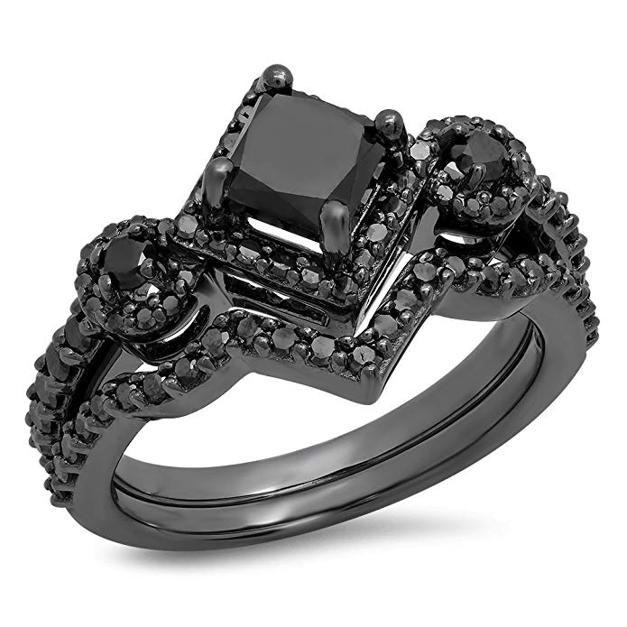 Dazzlingrock Collection 2.10 Carat (ctw) Black Rhodium Plated Sterling Silver Black Diamond Bridal Halo Engagement Ring Set