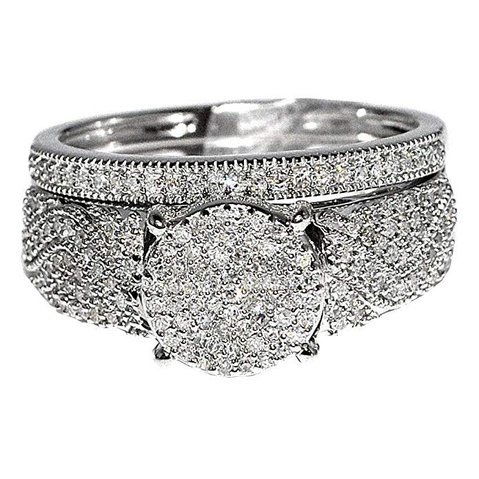 Midwest Jewellery 1/2cttw Bridal Wedding Rings Set 10K White gold 9.5mm Wide Pave Set 2pc Set(0.5cttw)