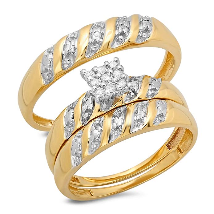 Dazzlingrock Collection 0.09 Carat (ctw) 10K Yellow Gold Round White Diamond Men's & Women's Engagement Ring Trio Bridal Set