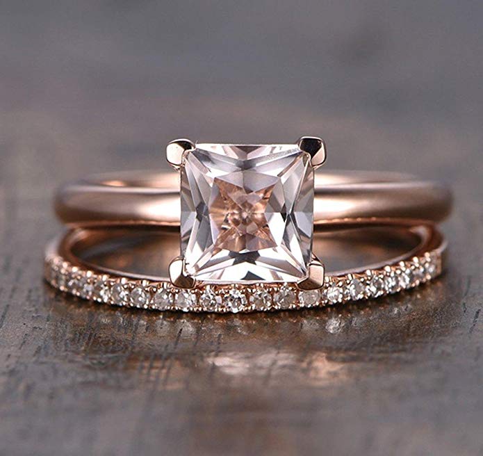 Perfect Bridal Set on Sale 1.25 carat Princess Cut Morganite and Diamond Bridal Set in Rose Gold: Bestselling Design