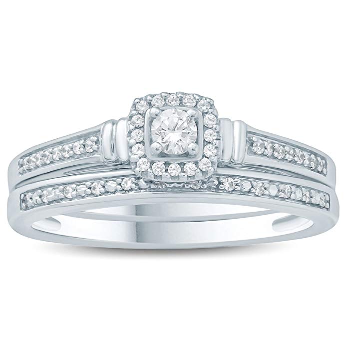 1/5 Carat Diamond Halo Engagement Ring and Wedding Band Set in 10K White Gold