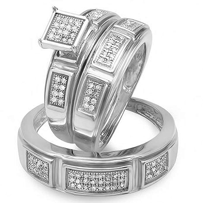 Dazzlingrock Collection 0.33 Carat (ctw) Sterling Silver Round Cut Diamond Men & Women's Engagement Ring Trio Bridal Set 1/3 CT